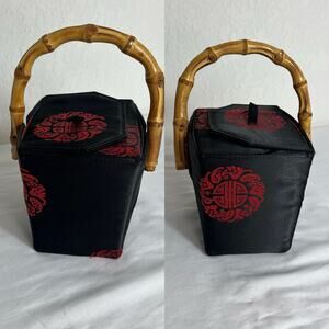 Tozai Home Asian Silk Boxy Takeout Handbag Purse Bamboo Handle, black & red